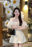 Jumpsuit bẹt vai phối bèo dáng mini