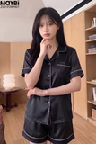 Bộ pyjama ngắn suông lụa tay ngắn viền