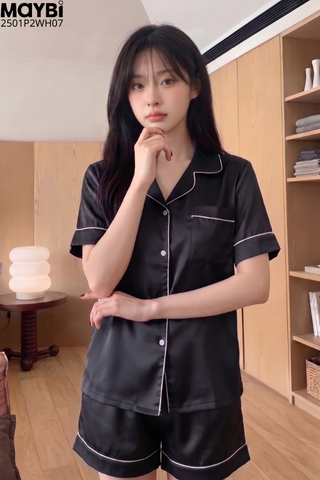 Bộ pyjama ngắn suông lụa tay ngắn viền