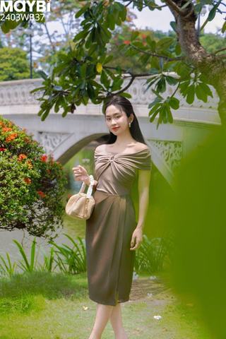 Chân váy xếp ly midi cotton lạnh chéo tà
