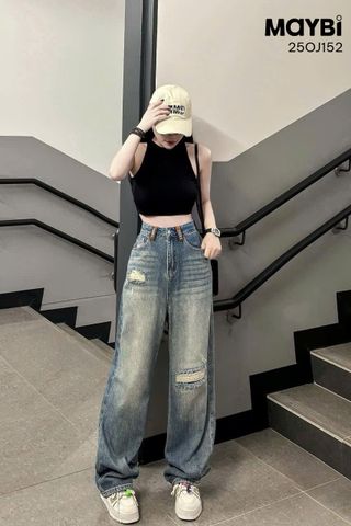 Quần jean ống suông wash rách gối