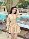 Đầm ôm xòe cổ V tay dài dáng mini