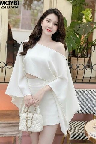 Set áo kiểu lệch vai chân váy A dáng mini