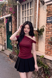 Áo Thun Lệch Vai Nữ Phối Ghim Cài Kim Loại Nhún Vai Ôm Body