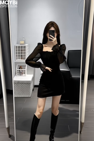 Đầm ôm cổ vuông tay phối voan dáng mini