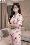 Bộ pyjama ngắn suông ngắn tay cotton họa tiết gấu dâu losta