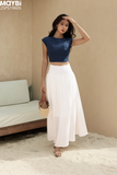 Set áo thun ôm ngắn tay xanh kèm chân váy dáng maxi