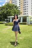Đầm jean xòe nhún ngực dáng mini