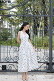 Đầm xòe midi chấm bi lớn cổ V
