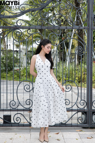 Đầm xòe midi chấm bi lớn cổ V