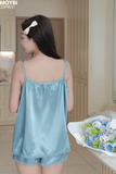 Bộ pyjama hai dây phối nơ ngắn chất lụa satin