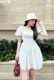 Đầm ôm tùng nhún xòe cotton thêu tay bí dáng mini