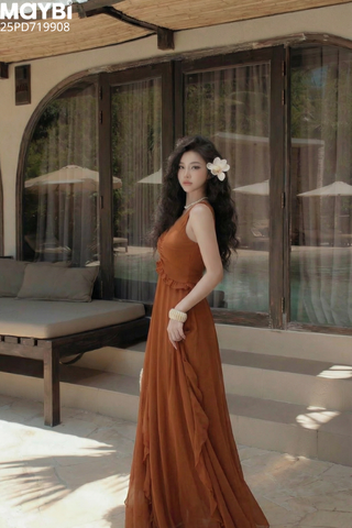 Đầm voan cổ V phối bèo dáng midi