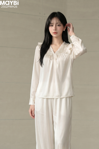 Bộ pijama dài lụa gấm xước cổ phối ren tay dài