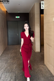 Đầm ôm cổ V thắt nơ eo dáng midi