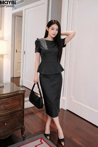 Set Công Sở Xám Áo Peplum Chân Váy Bút Chì Camille