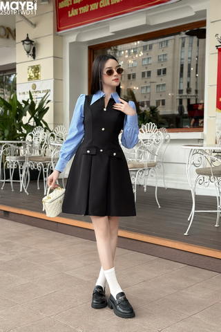 Đầm xòe cotton đen phối cổ sơ mi dáng mini
