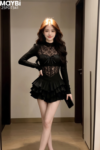 Đầm xòe dài tay phối ren dáng mini
