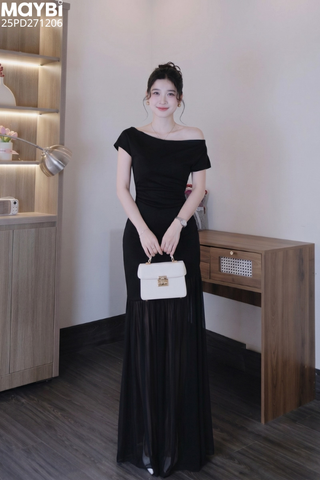 Đầm lệch vai nhún kiểu dáng maxi