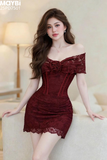 Đầm ren ôm bẹt vai đính hoa dáng mini