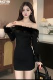 Đầm thun ôm trễ vai phối lông dáng mini