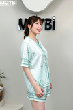 Bộ pyjama ngắn suông lụa xanh phối họa tiết nơ