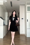 Đầm xòe ngắn tay phối nơ dáng mini