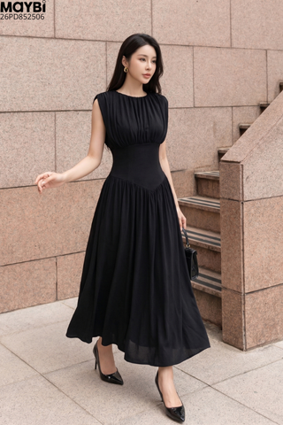 Đầm thun maxi đen nhún tùng xòe( Tặng áo chống nắng 26PO8745)