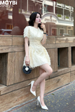 Đầm xòe mini thêu lưới tua rua ngắn tay