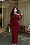 Đầm thun ôm dài tay lệch vai dáng dài