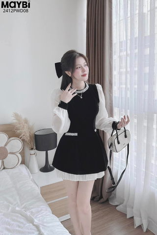 Đầm xòe nhung đen tay phối voan dáng mini