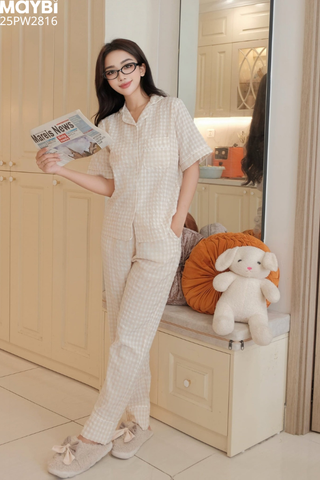 Bộ pyjama dài caro chất thô nhăn mềm ngắn tay