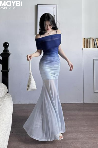 Đầm thun lưới bẹt vai đuôi cá