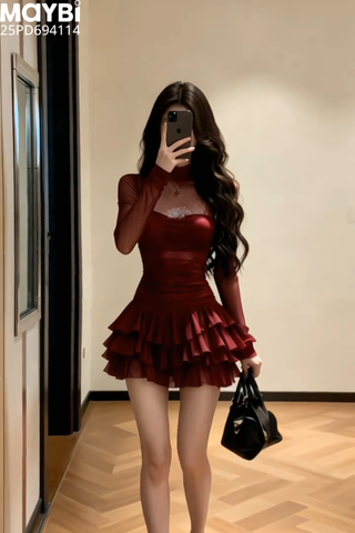Đầm xòe tầng dài tay dáng mini