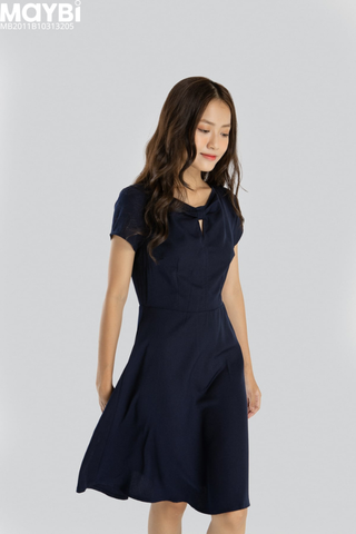 Đầm xòe cotton lụa xanh dương đậm kiểu cổ nơ