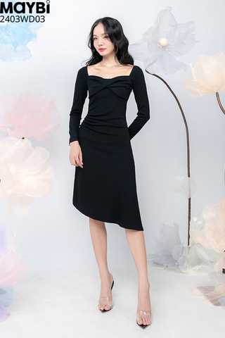 Đầm midi ôm thun sọc xoắn nơ ngực