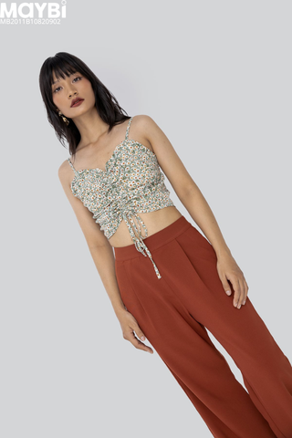 Áo croptop 2 dây ôm lụa in hoa trắng nền xanh mint nhún kiểu