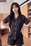 Bộ pyjama ngắn suông lụa tay ngắn viền