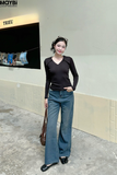 Quần jean ống loe xanh đậm túi phối sọc