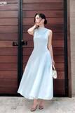 Đầm xòe tơ gân xanh xếp chéo ly dáng midi