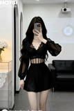 Đầm xòe xếp ly phối ren dáng mini
