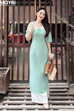 Áo dài ôm lụa xanh mint phối cổ ren trắng
