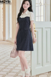 Đầm xòe sọc phối trắng ngắn tay dáng midi
