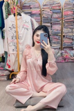 Bộ pijama dài lụa gấm xước cổ phối ren tay dài