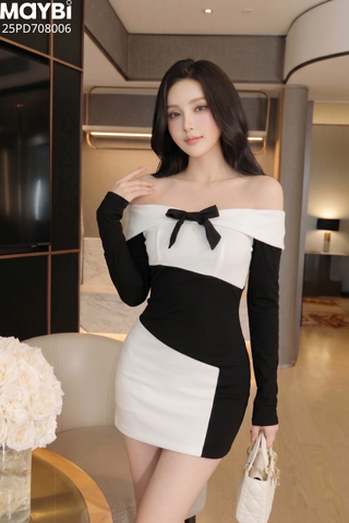 Đầm thun ôm trễ vai dài tay dáng mini