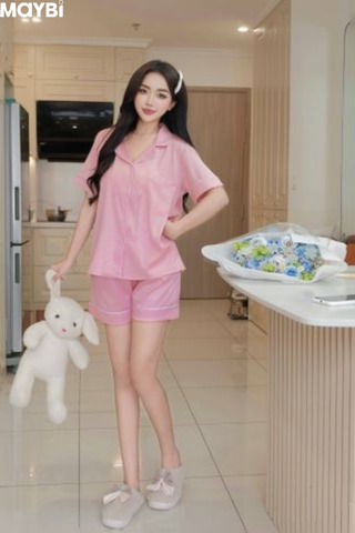 Bộ pyjama ngắn suông lụa tay ngắn viền