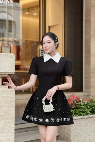 Đầm xòe cổ sơ mi tùng phối đính đá dáng mini