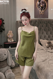 Bộ pyjama hai dây ngắn chất lụa satin cao cấp màu xanh lá phối