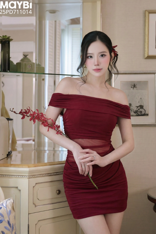 Đầm ôm nhún kiểu trễ vai dáng mini
