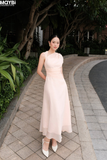 Đầm xòe tơ gân nhún vai cổ xéo dáng midi (màu cam đào)